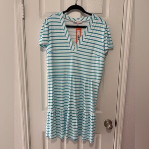JUDE CONNALLY EVERYDAY TURQUOISE AND WHITE STRIPED DRESS NWT SIZE LARGE